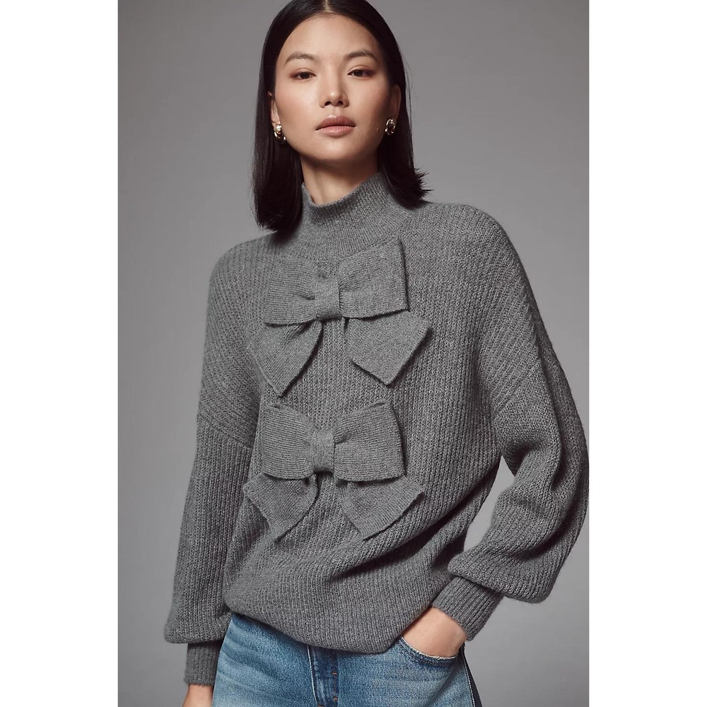 Mare Mare x Anthropologie 3D Bow Sweater Sz M Gray Mock Neck Batwing Sleeves
